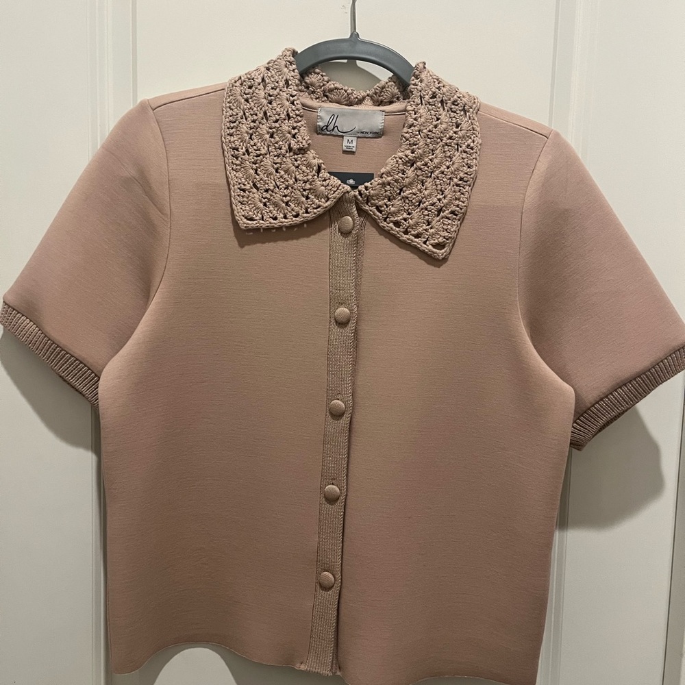 dh NEW YORK Crochet Collar Button Down Shirt - Tan